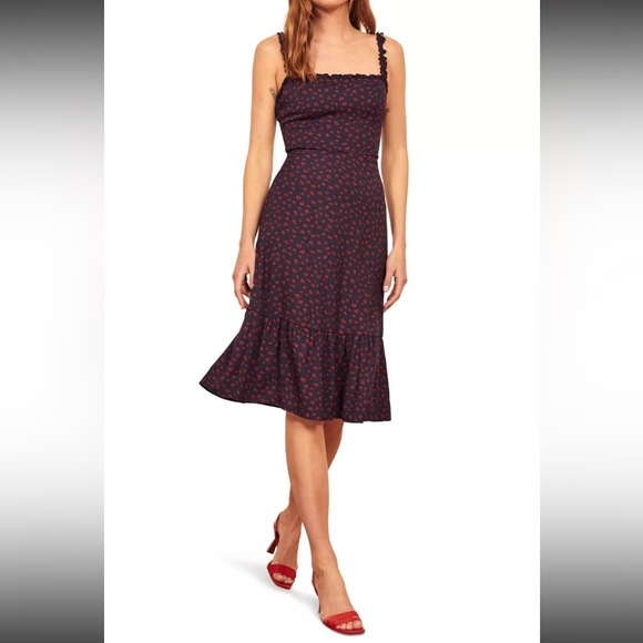 Reformation Dresses & Skirts - Reformation Granada Crepe Midi Dress in Virgil Midi Navy Blue Red Rose Sz 2